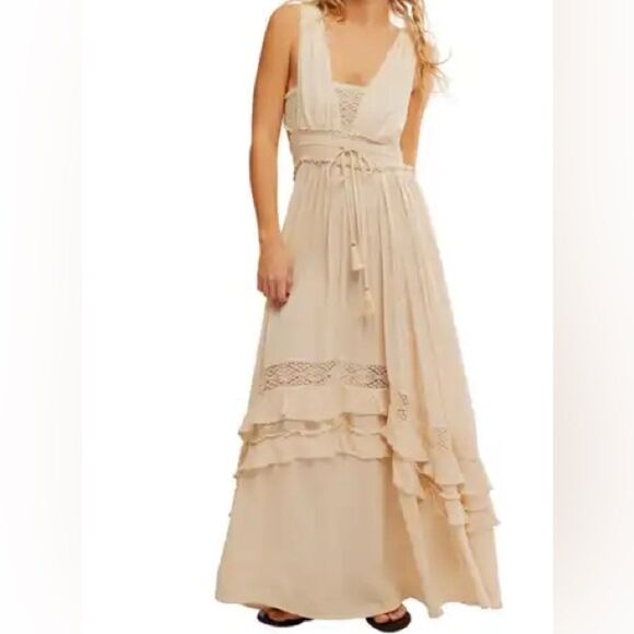 Free People Santa Maria Maxi Women’s Dress beige khaki boho hippie Size Medium - Picture 2 of 16